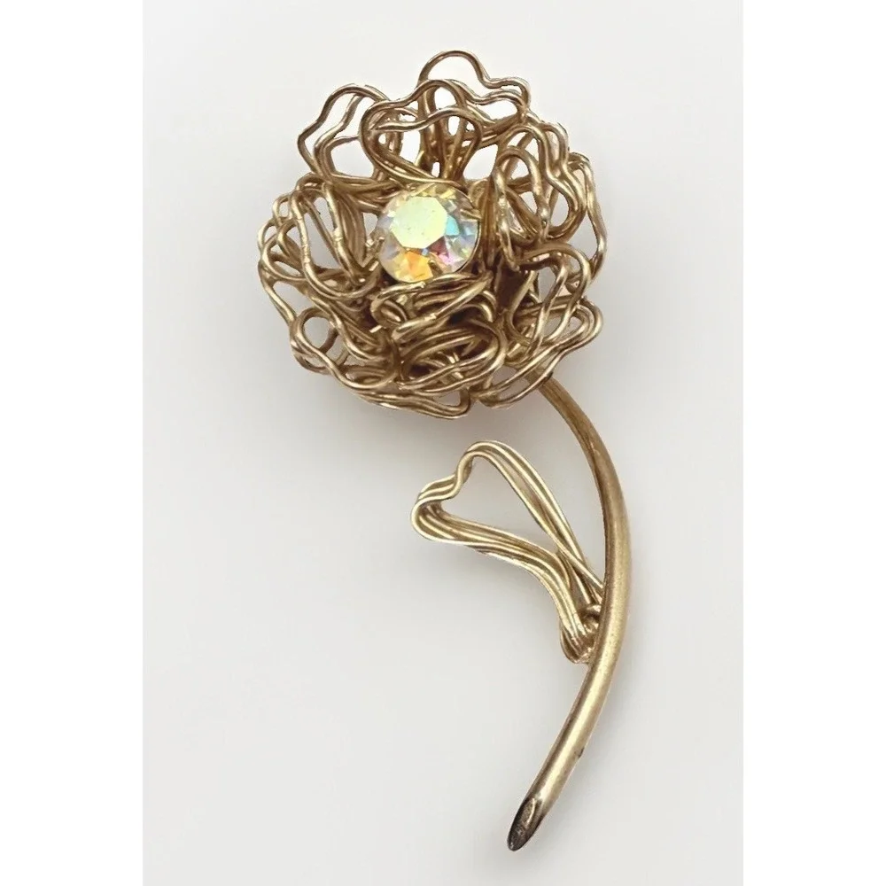 Vintage Brooch MCM Flower Heart Aurora Borealis Rhinestone Fashion Gold Large 3